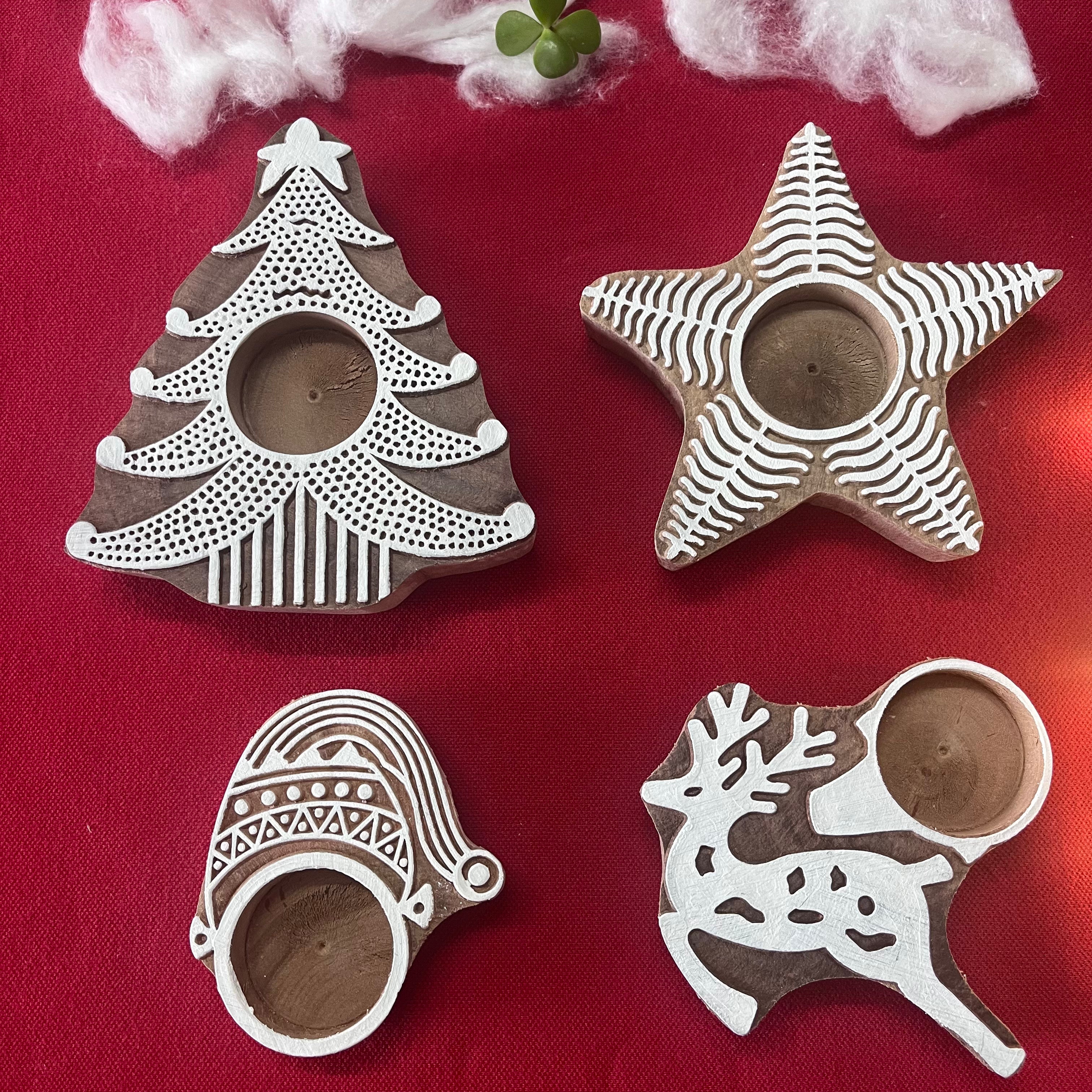 Jingle Glow - Set of 4 Wooden Block Tea Light Candle Holders