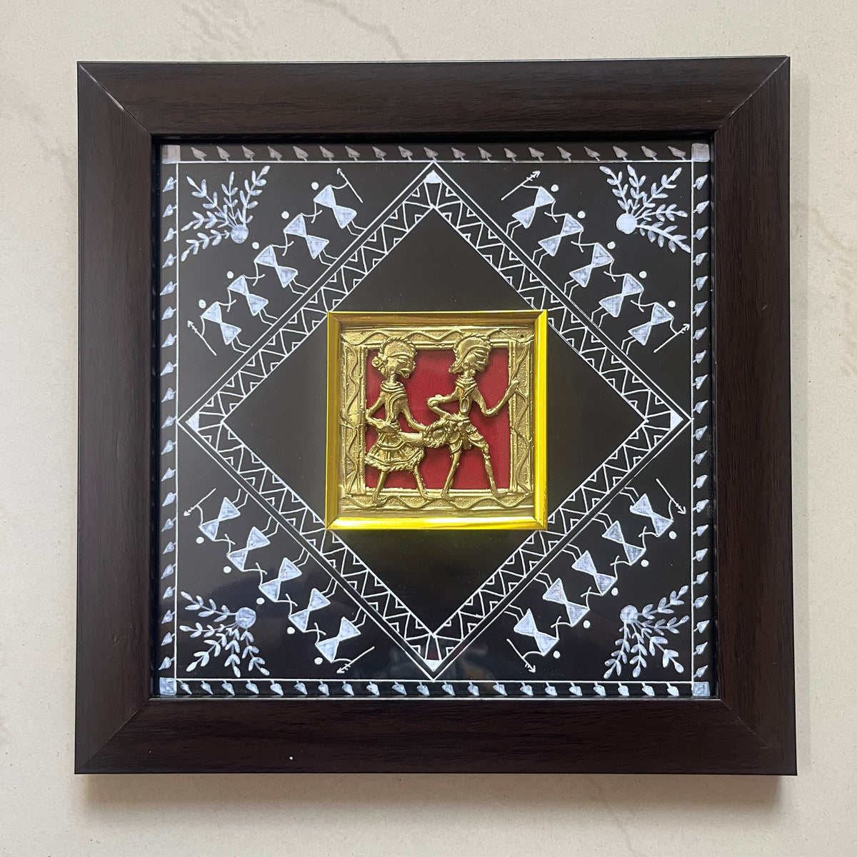 Octagonal Jali Frame Dhokra Brass Jali Wall Frame with Warli Painting - Tribal Couple - Bla ...