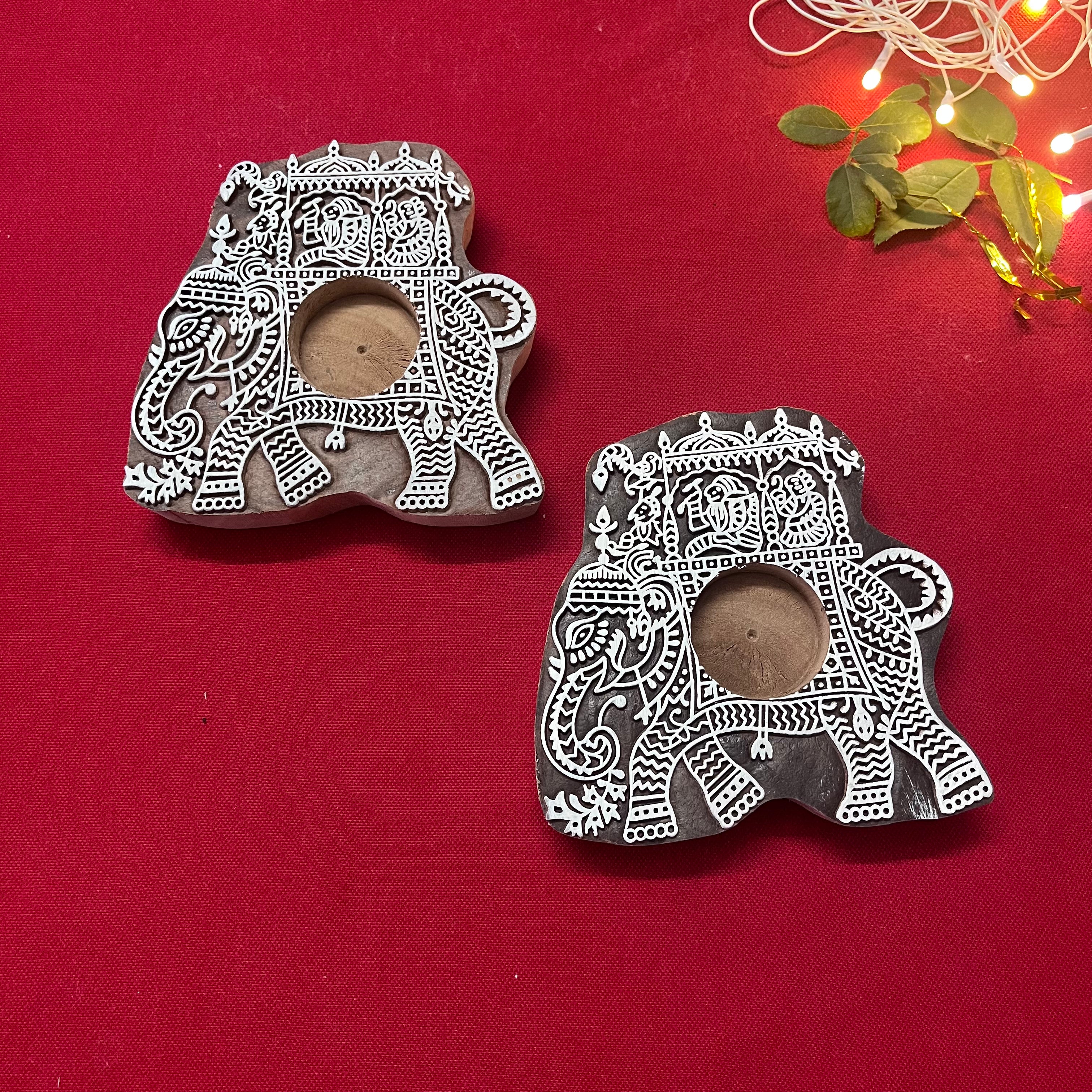 Wooden Block Print Gajraj Ambari Tea Light Candle Holder