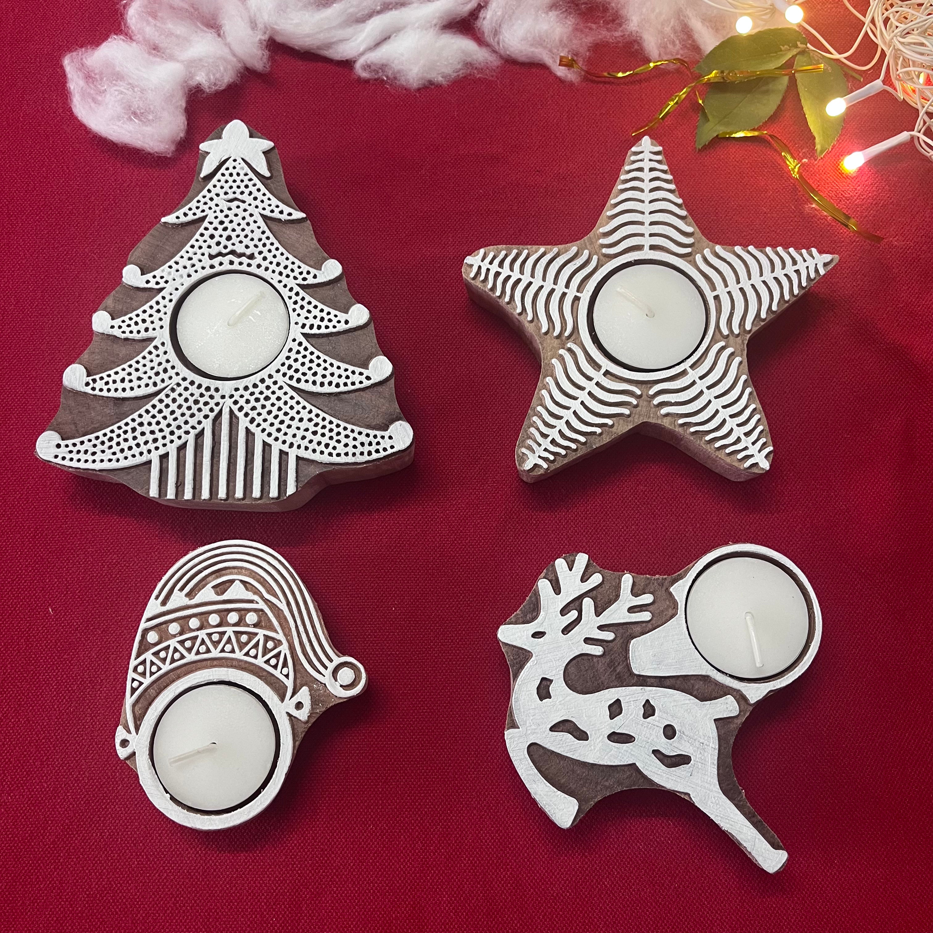 Jingle Glow - Set of 4 Wooden Block Tea Light Candle Holders