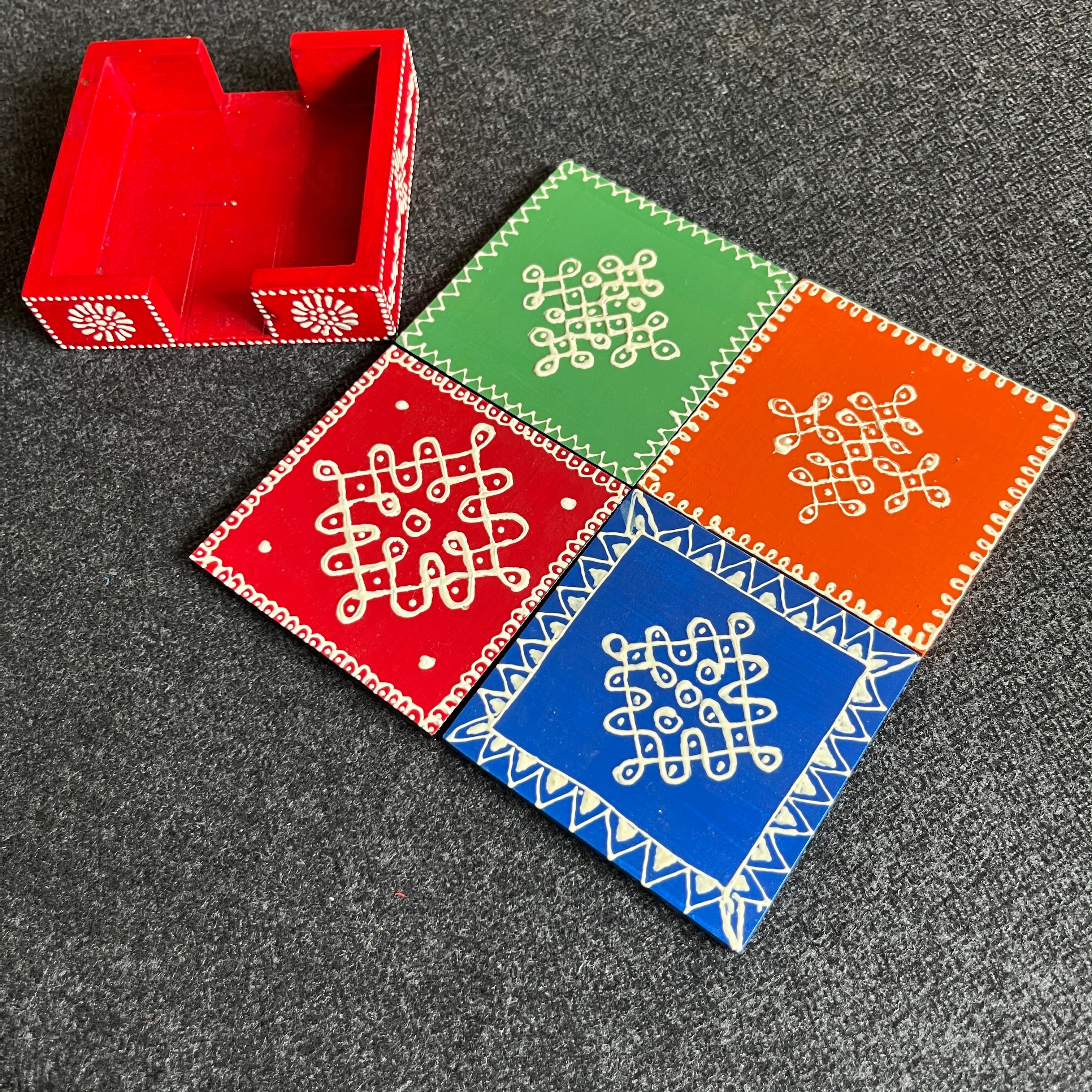 Kolam Soundarya - Hand Painted Wooden Coasters - Set of 4 - With Stand