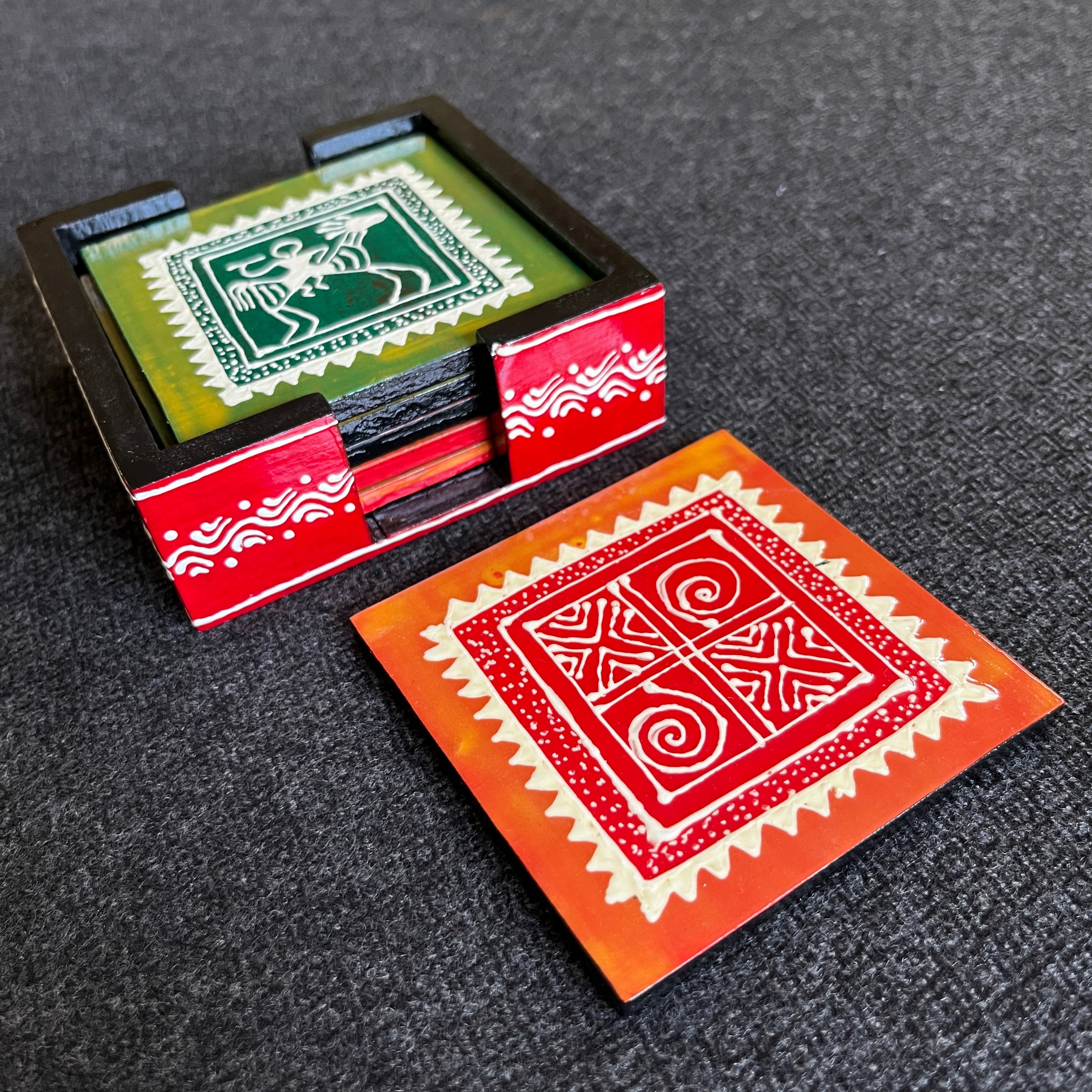 Lok Rang - Hand Painted Wooden Coasters - Set of 6 - With Stand