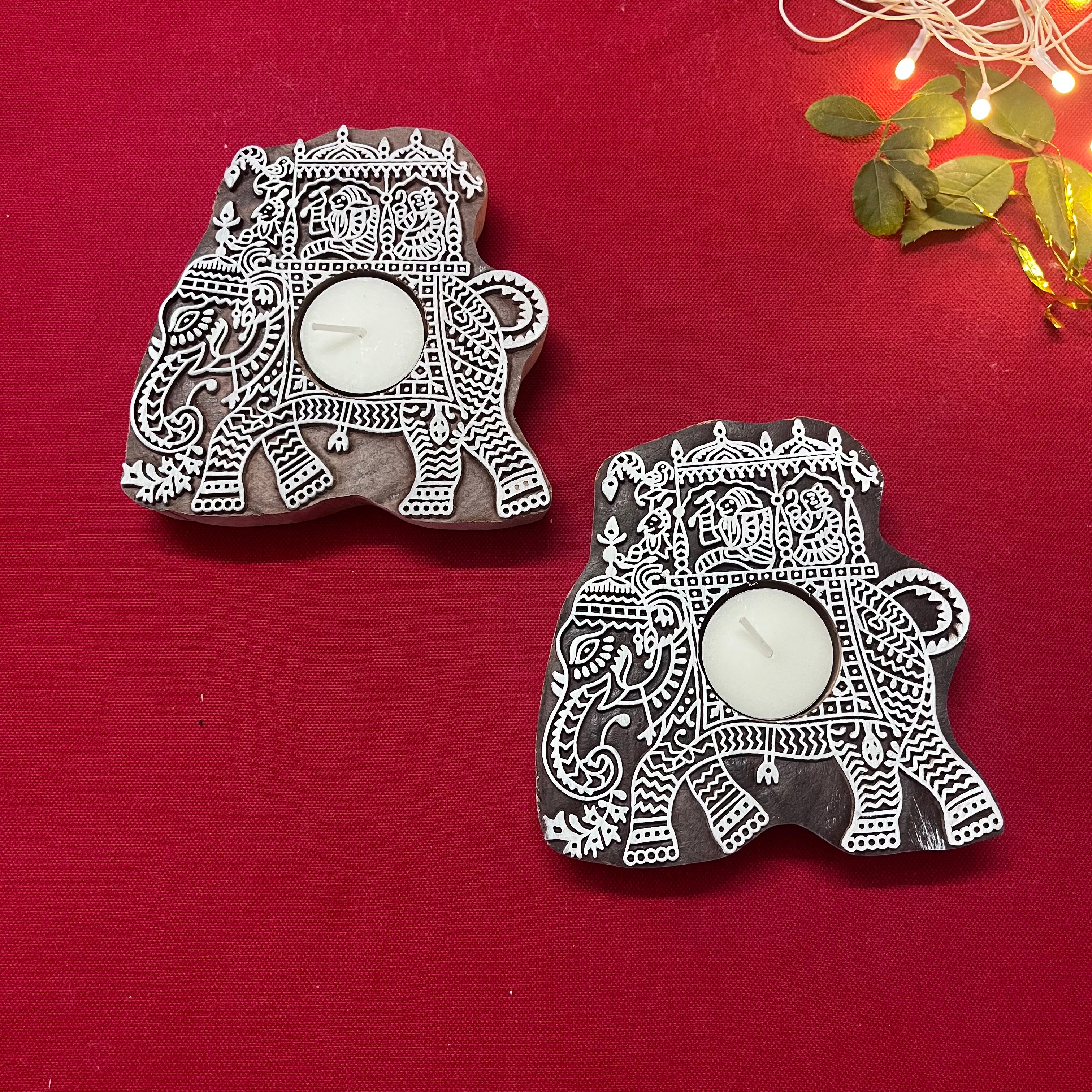 Wooden Block Print Gajraj Ambari Tea Light Candle Holder