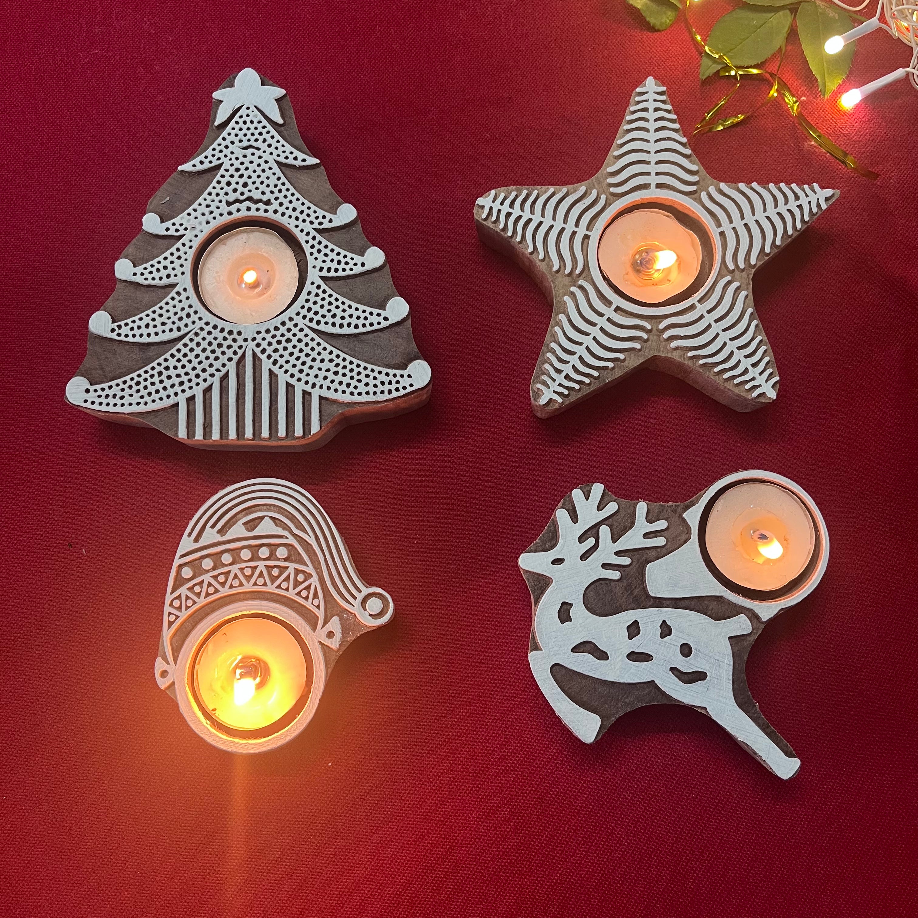 Jingle Glow - Set of 4 Wooden Block Tea Light Candle Holders