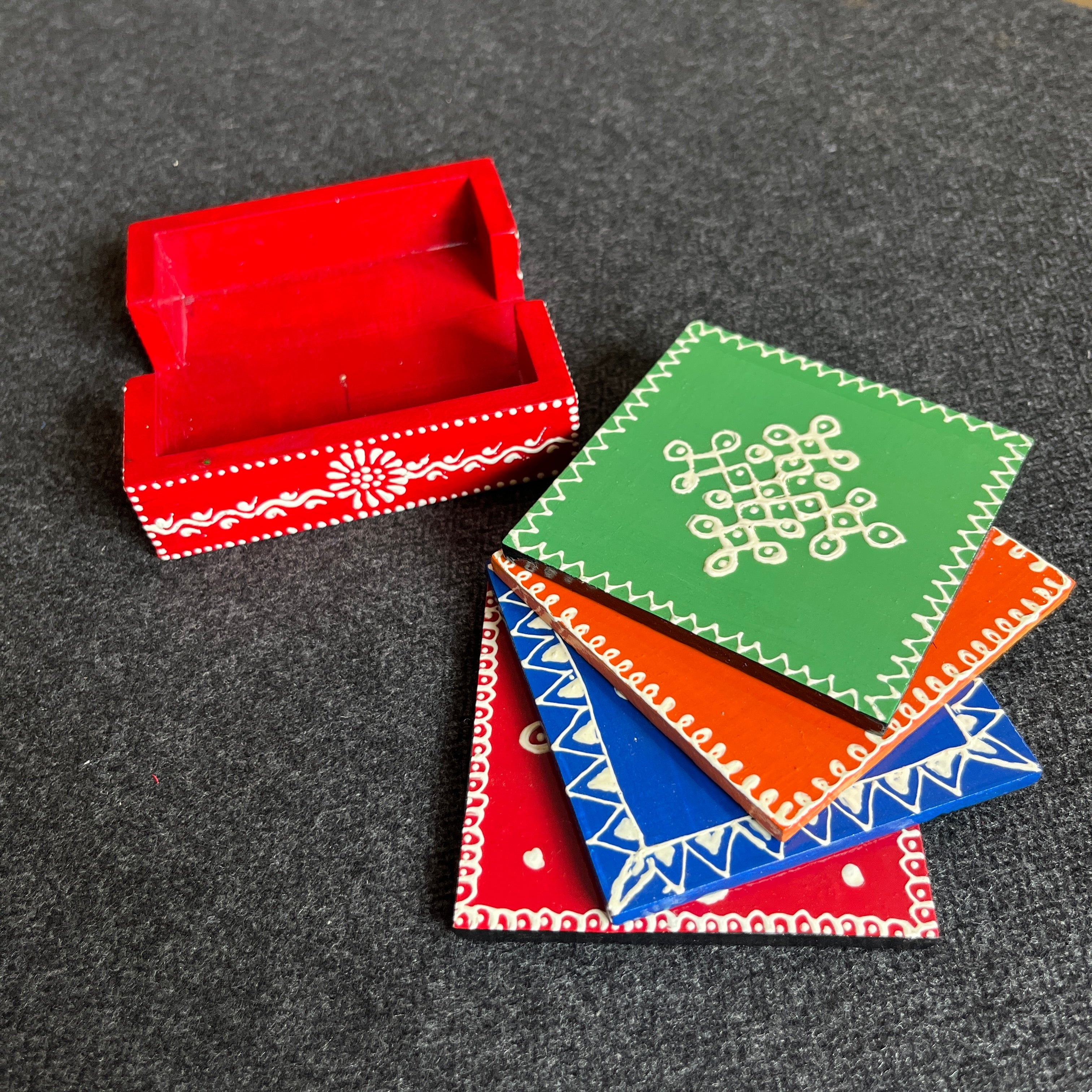 Kolam Soundarya - Hand Painted Wooden Coasters - Set of 4 - With Stand