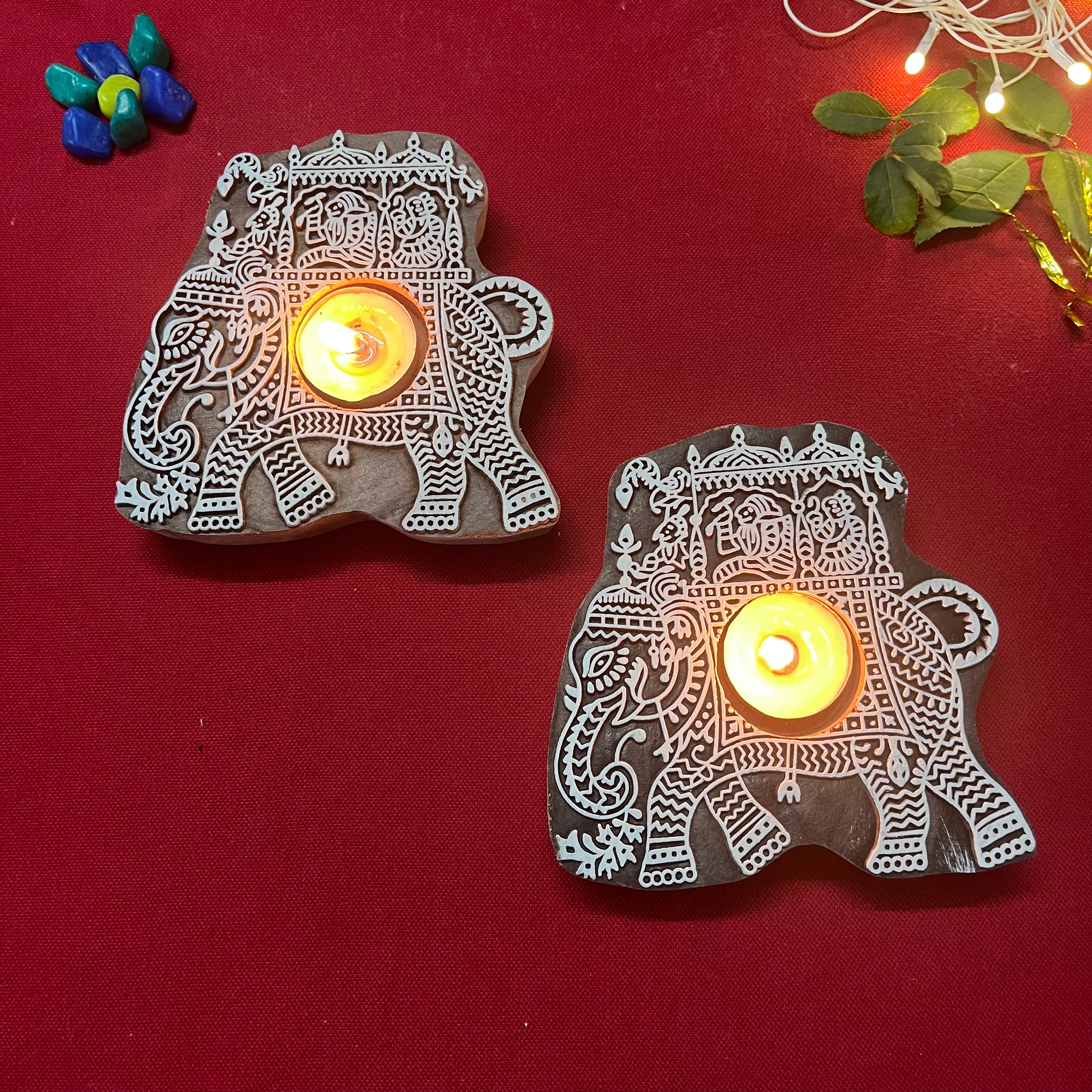 Wooden Block Print Gajraj Ambari Tea Light Candle Holder