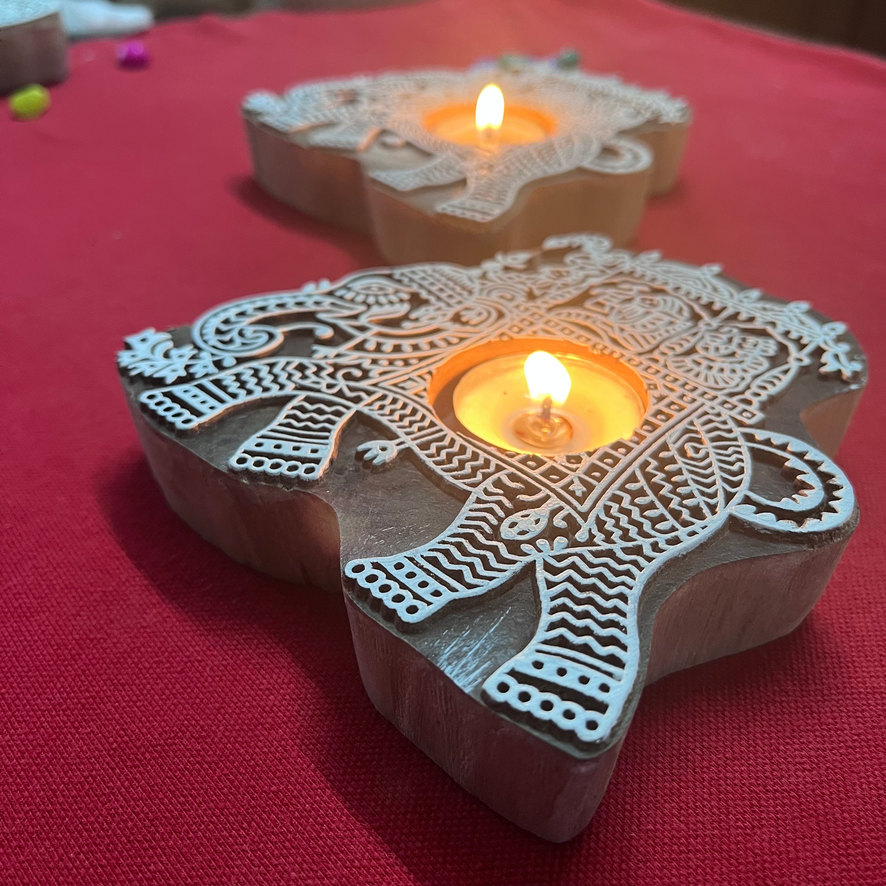 Wooden Block Print Gajraj Ambari Tea Light Candle Holder