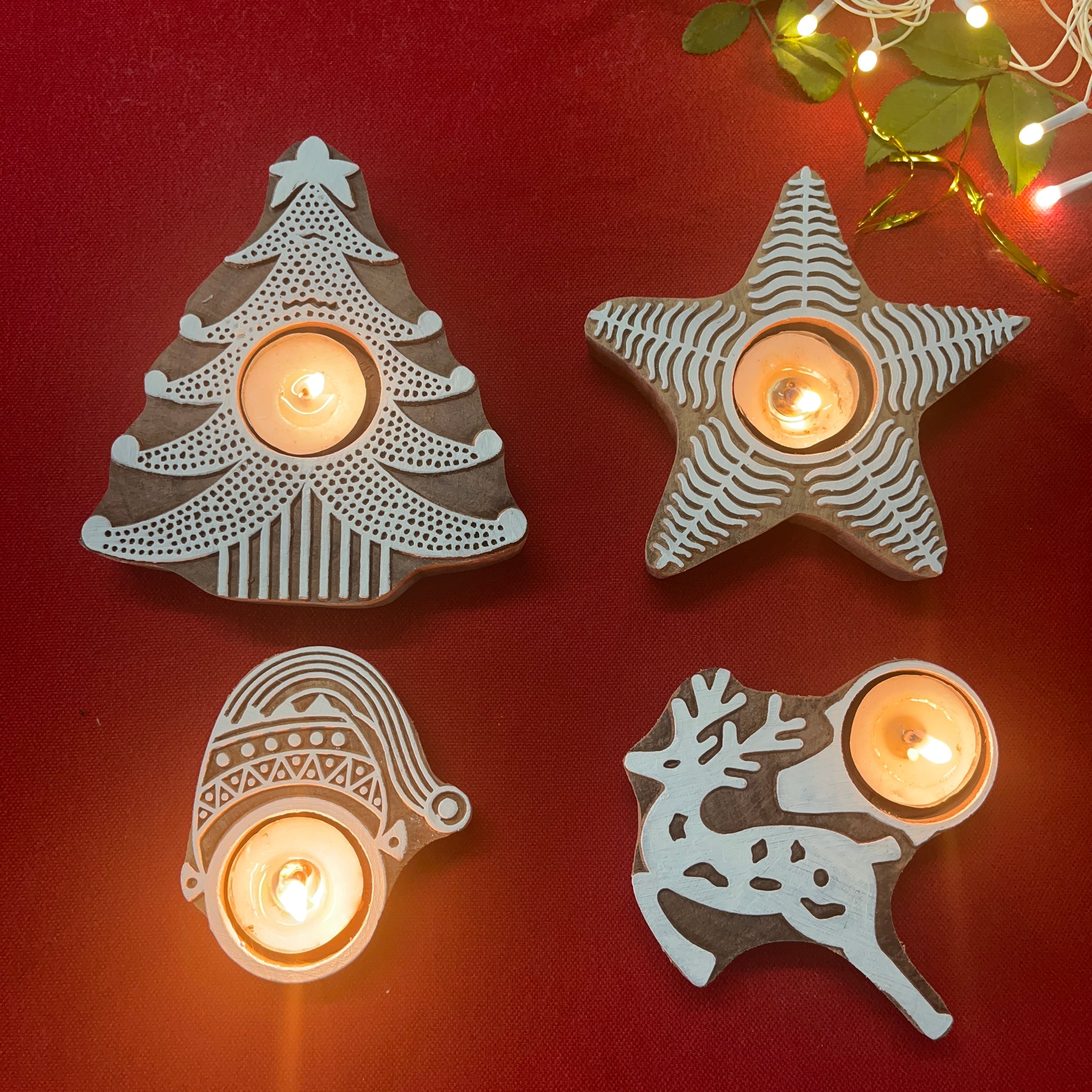 Jingle Glow - Set of 4 Wooden Block Tea Light Candle Holders