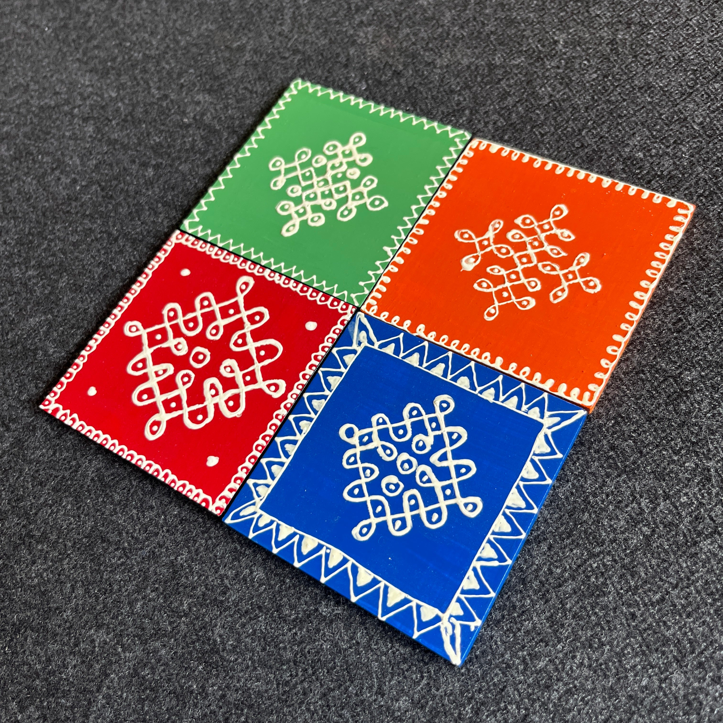 Kolam Soundarya - Hand Painted Wooden Coasters - Set of 4 - With Stand