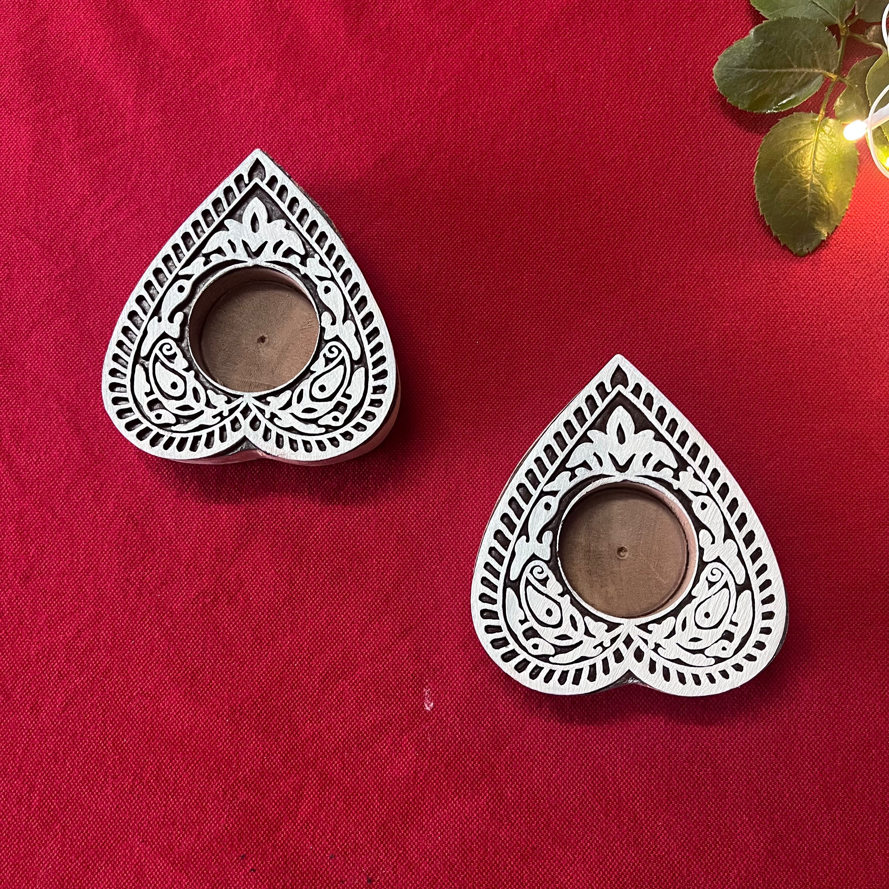 Wooden Block Print Holiday Spirit Tea Light Candle Holder