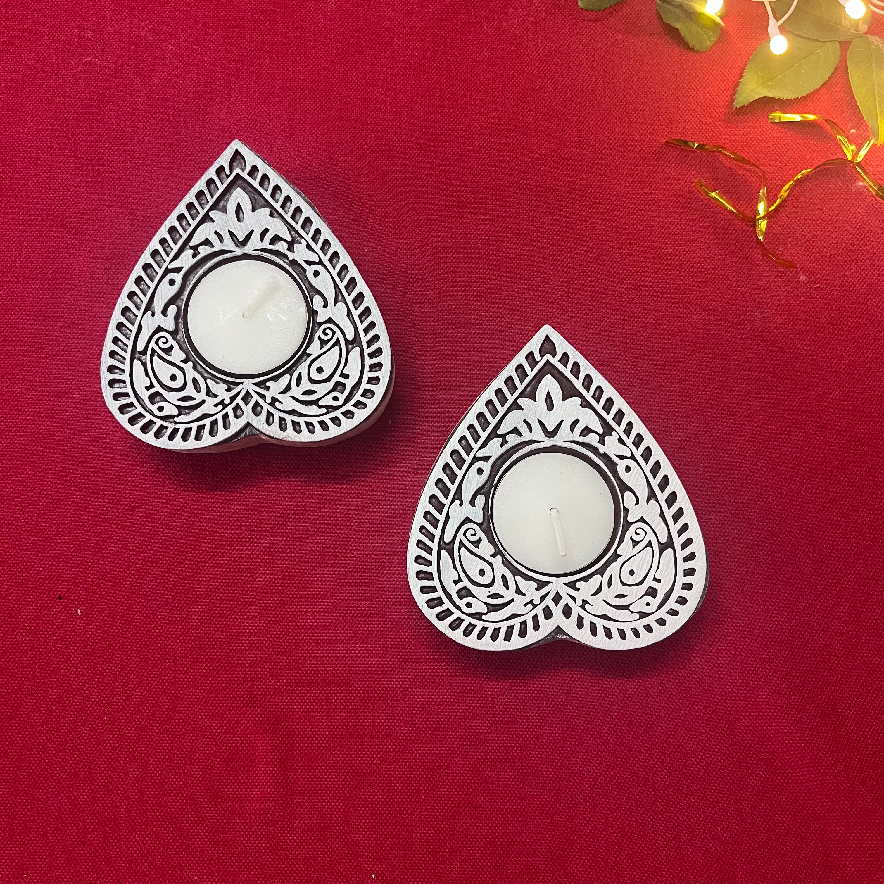 Wooden Block Print Holiday Spirit Tea Light Candle Holder