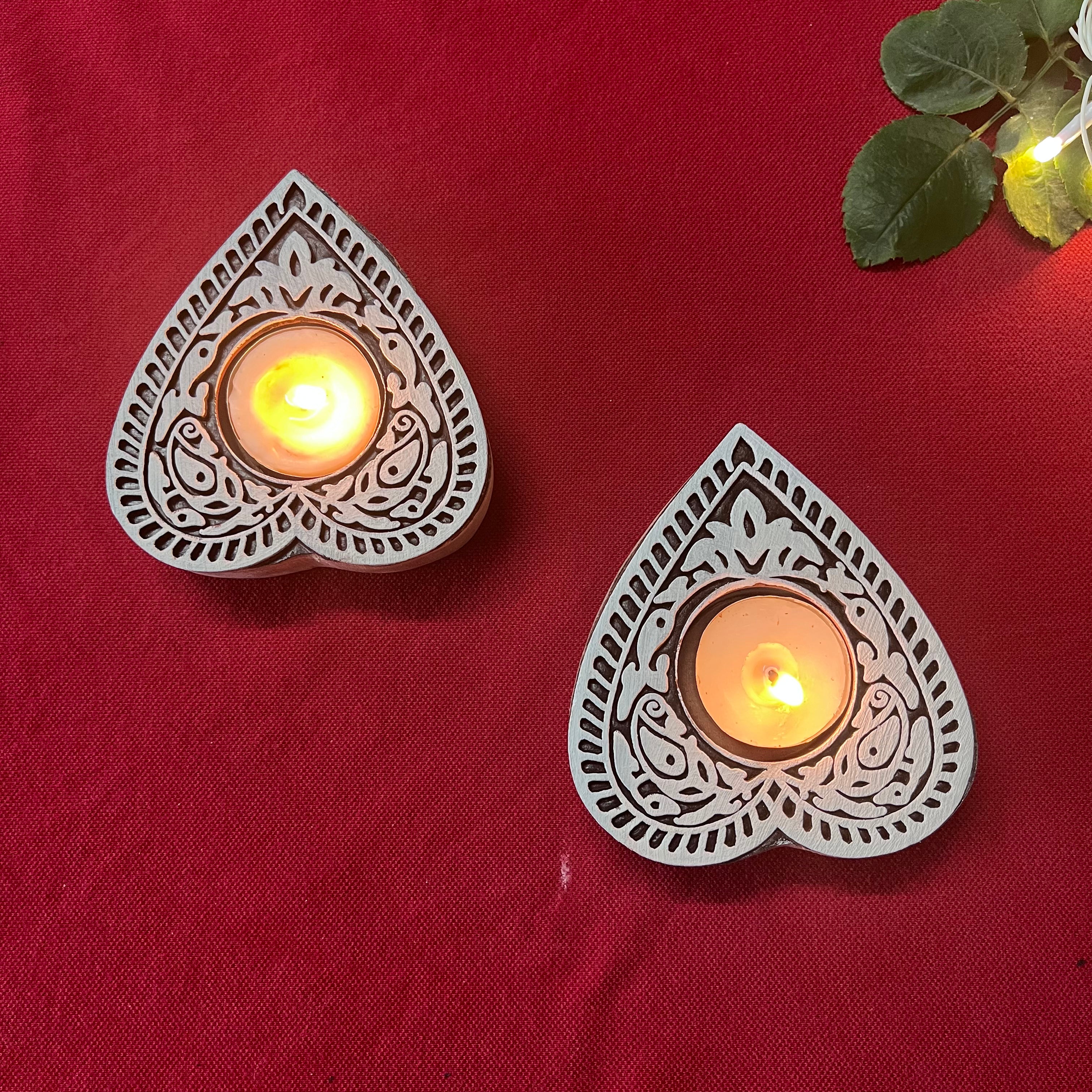 Wooden Block Print Holiday Spirit Tea Light Candle Holder