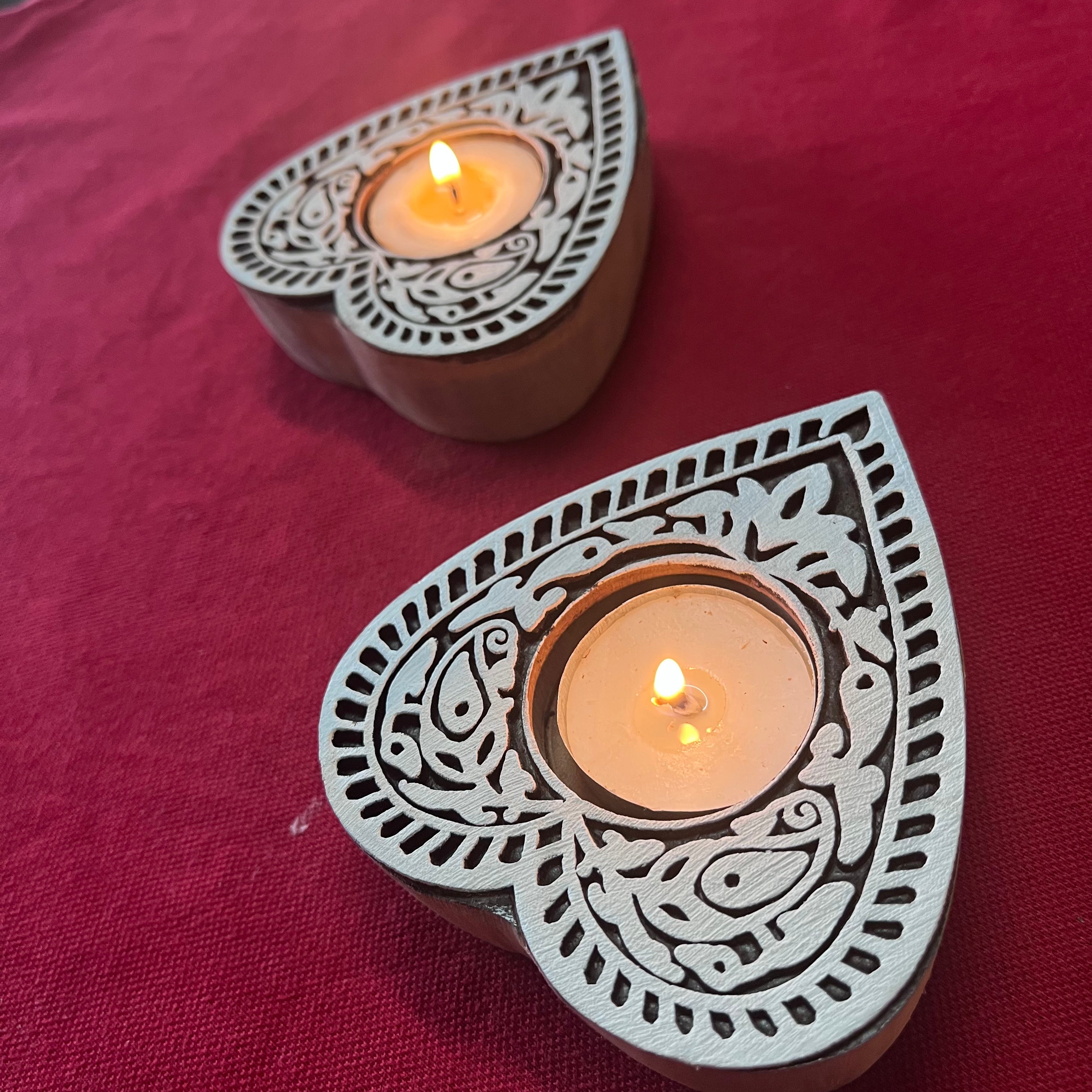 Wooden Block Print Holiday Spirit Tea Light Candle Holder