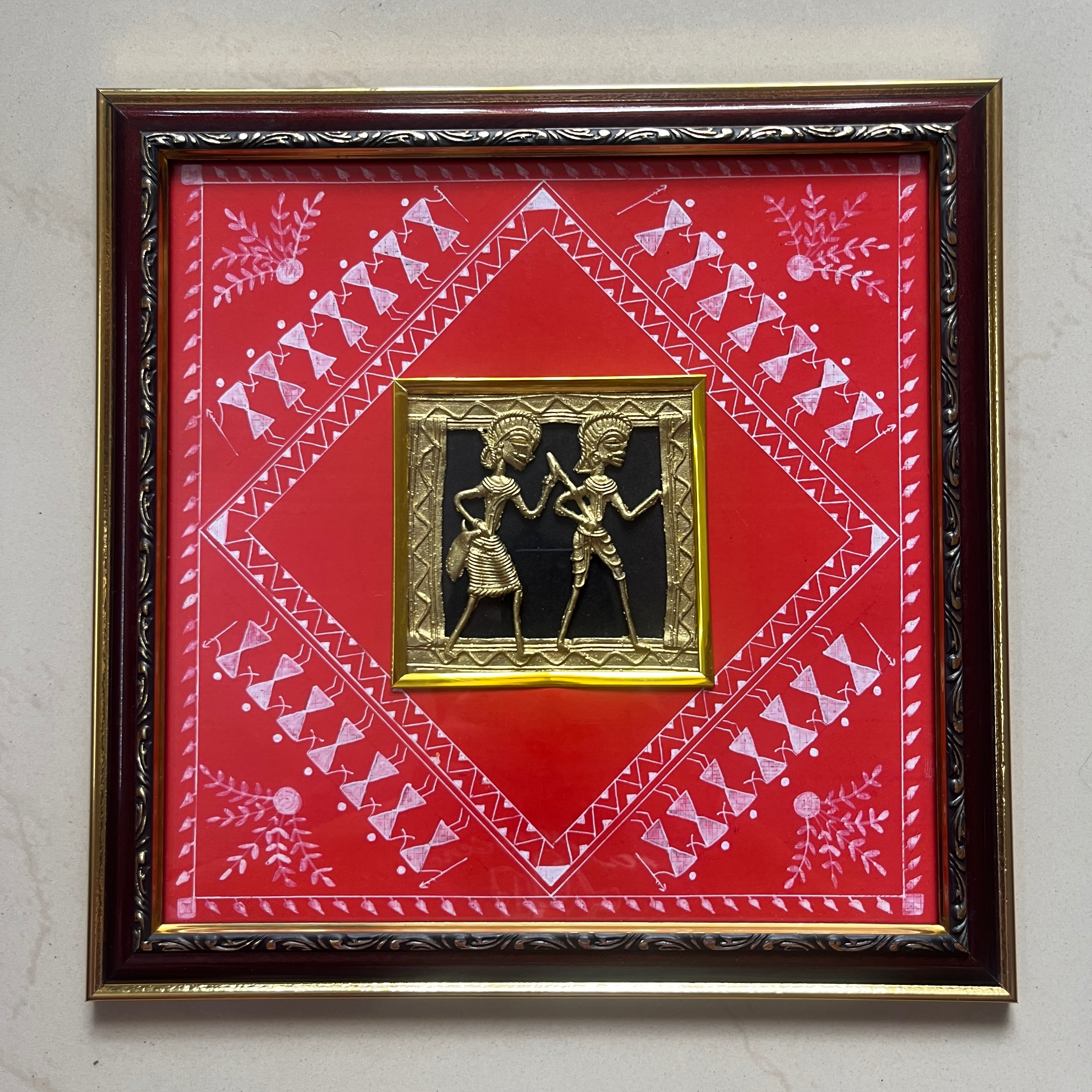 Dhokra Brass Jali Wall Frame with Warli Painting - Tribal Fishing - Red Canvas Ornate Frame