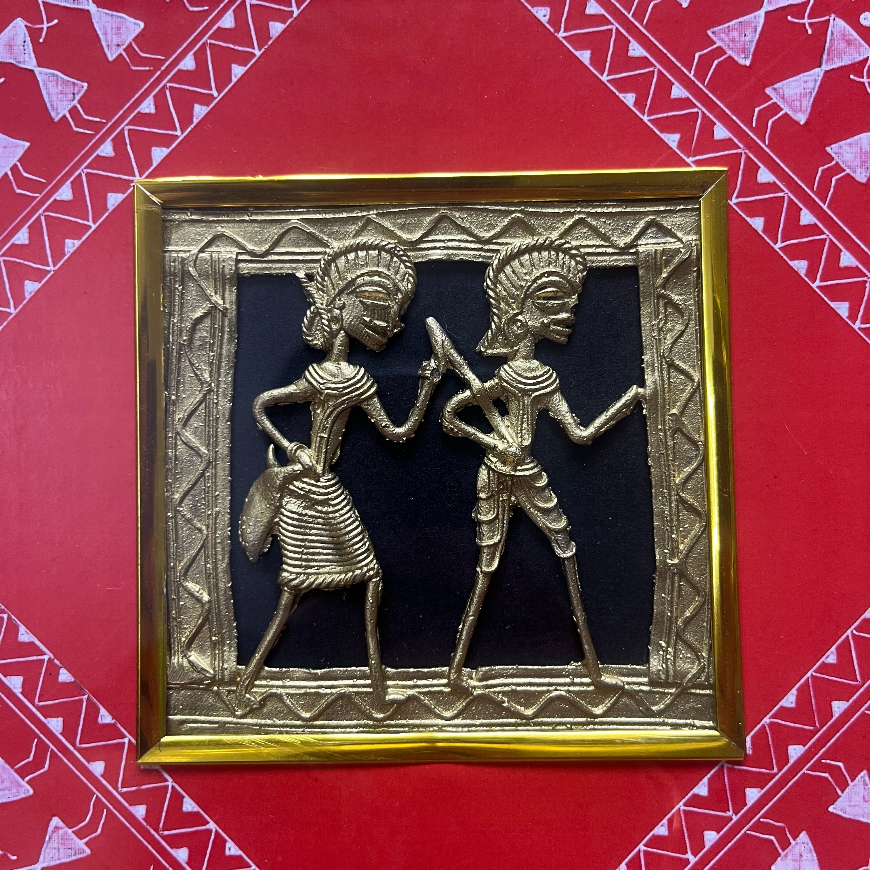 Dhokra Brass Jali Wall Frame with Warli Painting - Tribal Fishing - Red Canvas Ornate Frame