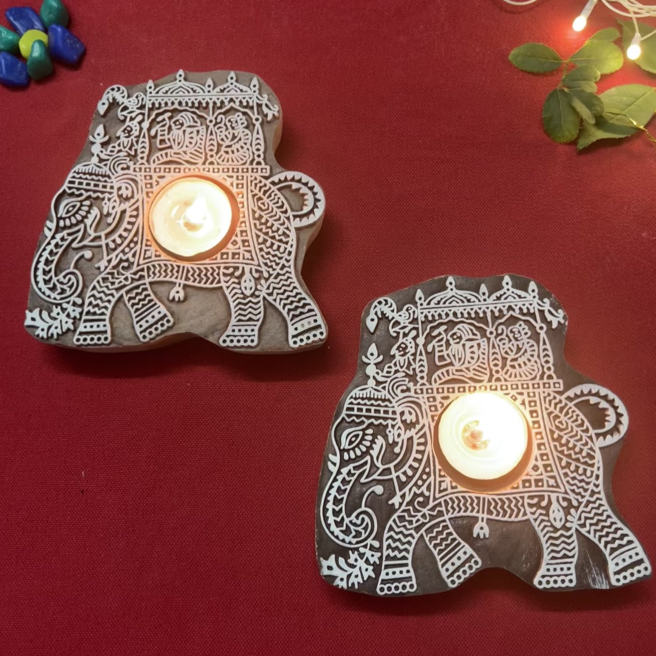 Wooden Block Print Gajraj Ambari Tea Light Candle Holder