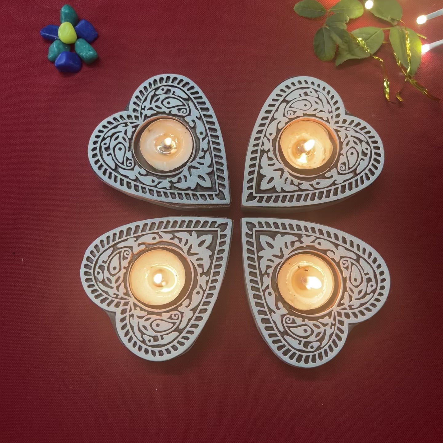 Wooden Block Print Holiday Spirit Tea Light Candle Holder