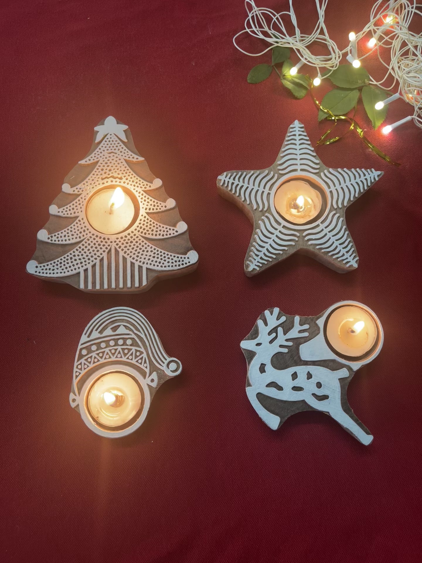 Jingle Glow - Set of 4 Wooden Block Tea Light Candle Holders